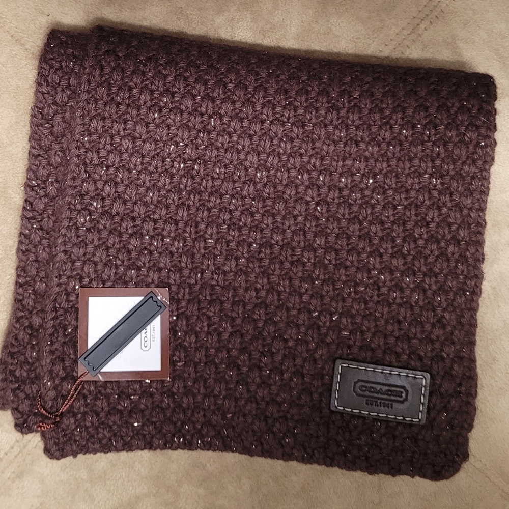 VINTAGE COACH SIGNATURE WOOL CASHMERE KNIT SCARF with metallic sparkle 7" x 56"